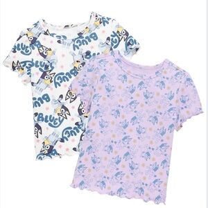2 Bluey T-Shirts Size 2T Blue White Purple Allover Dog Print Short Sleeve Crew